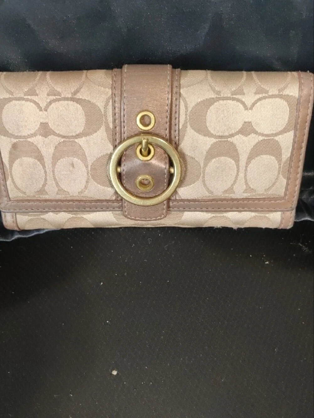 Coach Beige Signature Canvas Continental Wallet • Gold Ring Buckle  (8